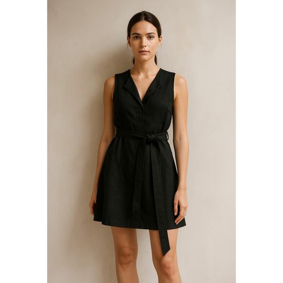 Theory Black Sleeveless Belted Mini Dress Size P+ Fit & Flare - Picture 1 of 8